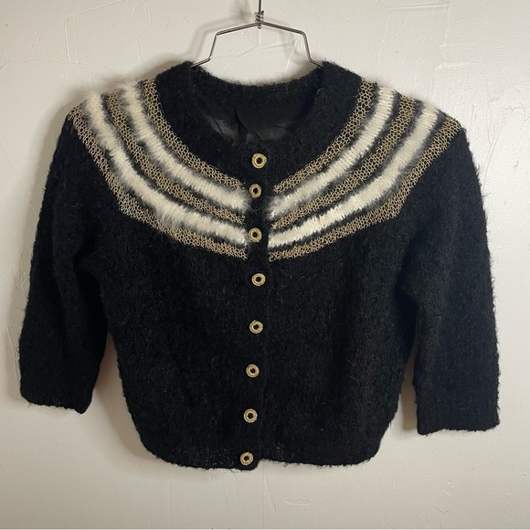 American Vintage Sweaters - Vintage 1950s Black and Gold  Cropped Hand Knit Cardigan​